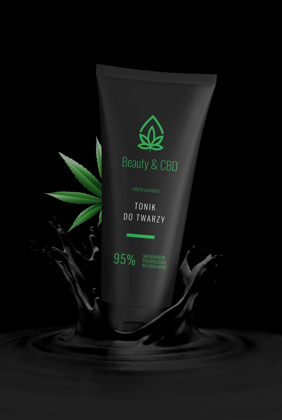 Projekt opakowań naturalnych kosmetyków CBD marki Beauty & CBD — tonik, kremy do twarzy i rąk.