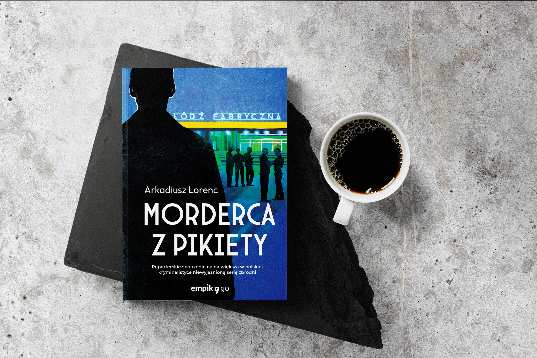 Projekt okładki reportażu „Morderca z pikiety" A. Lorenca (audiobook i e-book).